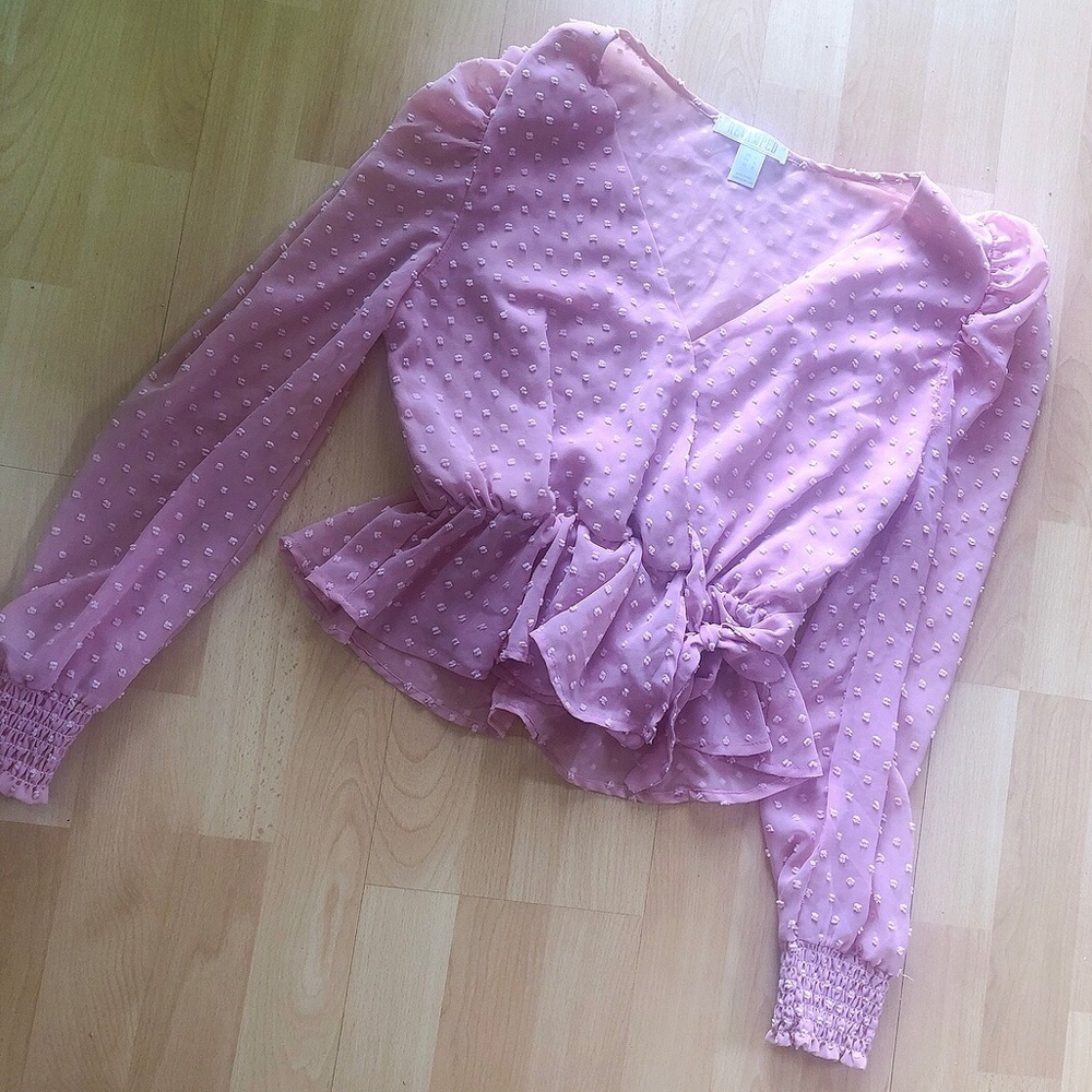 🍭🍭 Adorable Delicate Feminine Pink Blouse See Through Polka Dots Frills - Picture 2 of 10